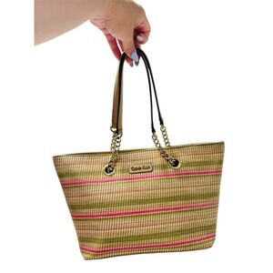 Calvin Klein Women's Woven Striped Multicolor Straw Tote Shoulder Bag Gold Chain